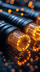 Poster - close up of fiber optic connectors glowing with vibrant orange light, showcasing intricate details a