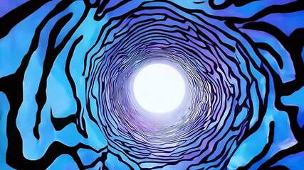 Wall Mural - Abstract view of a vibrant spiral tunnel with purple and blue tones leading to a bright center.