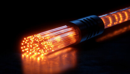 Poster - glowing fiber optic cable illuminating dark room creates captivating visual effect. vibrant orange l