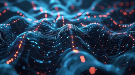 Poster - A close up abstract image of a glowing blue and orange data grid.