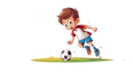 Canvas Print - A cartoon boy is playing soccer.