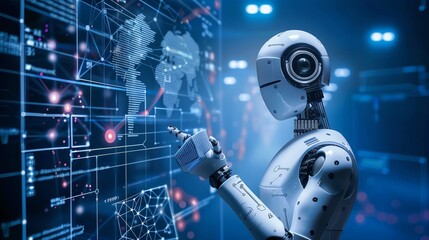 Poster - A futuristic robot interacts with a digital interface.