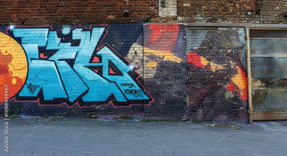 Vibrant street art mural on a brick wall with bold colors and abstract ...