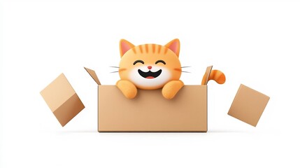 Poster - Whimsical of a smiling cartoon cat relaxing contentedly in a cozy delivery box surrounded by packing material on a white background  The image captures a playful