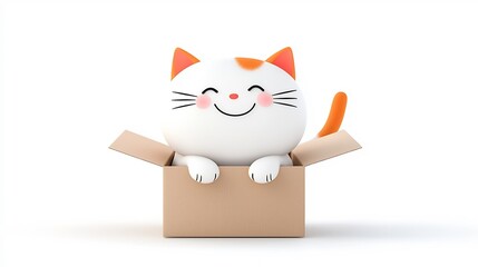 Poster - Cheerful and Playful Cartoon Cat Relaxing Comfortably in a Delivery Box Surrounded by Packing Material on a White Background  of a Smiling Feline Character in a Cozy Whimsical Scene
