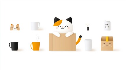 Poster - Whimsical of a smiling cartoon cat relaxing comfortably inside a delivery box surrounded by packing materials on a white background  Cute playful and calming scene