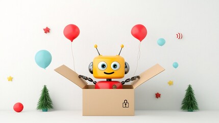 Poster - Cheerful and Bright 3D Cartoon Robot Character Emerging from an Open Delivery Box on a Crisp White Background  Futuristic Modern and Playful of an Innovative and Useful Mechanical Device or Gadget