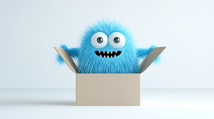 Poster - Funny 3D cartoon monster character peeking out curiously from slightly open delivery box against clean minimalist white background  Whimsical digital or graphic design element for packaging gifts