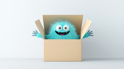 Poster - Cute 3D cartoon monster character peeking out curiously from a slightly open delivery or shipping box against a clean minimalist white background  Funny playful creature in a vector digital art style