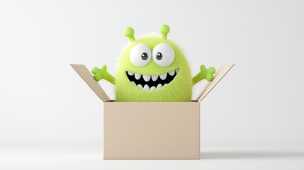 Poster - Cheerful 3D cartoon monster character peeking out curiously from slightly open delivery box set against clean white background  Playful quirky with digital design elements