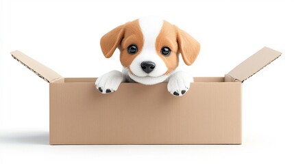 Poster - Playful 3D cartoon puppy character sticking its head out of a vibrant colorful delivery box against a clean modern white background  Cute adorable pet animal in a fun friendly design