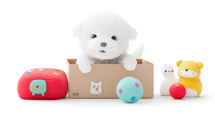 Poster - Playful 3D Cartoon Puppy Sticking Head Out of Vibrant Delivery Box on Solid White Background   Adorable Digital of Cute Animal Character