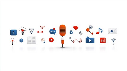 Fototapete - of a narrator speaking clearly into a microphone surrounded by sound waves and storytelling related icons on a clean white background representing the concepts of audio communication broadcasting