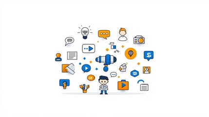 Fototapete - Minimalist of a modern narrator standing in front of a sharp clear microphone with various text icons on a clean white background emphasizing audio clarity and digital communication technology