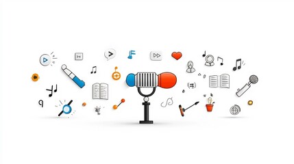 Poster - Vibrant and Modern of a Narrator or Speaker Standing in Front of a Microphone with Emphasis on Sharp Sound Designs and Text Icons on a White Background