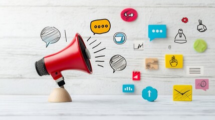 Fototapete - Modern depicting a narrator standing in front of a microphone with a clear focus on sharp sound designs and relevant text icons against a white background