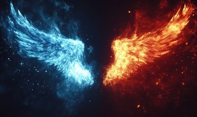 Wall Mural - Two wings, one blue and one red, with fire in the middle