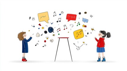 Aufkleber - Stylized depicting two people engaged in a lively dialogue with colorful sound waves and dynamic intonation patterns against a clean white background