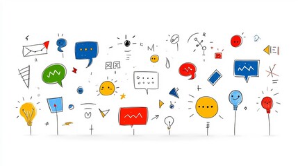 Aufkleber - Vibrant abstract depicting the dynamic exchange and interaction of effective communication represented through colorful sound symbols and intonation arcs on a clean white background