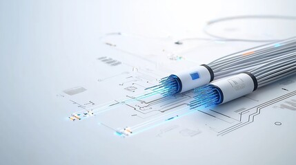 Fototapete - Futuristic of illuminated fiber optic cables with radiating light effects in a sleek style white background  Abstract digital art with glowing iridescent