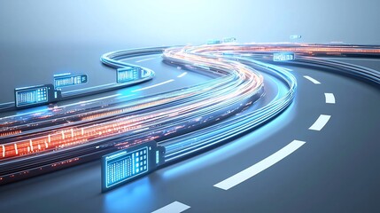 Leinwandbilder - Creative art featuring a cluster of glowing fiber optic cables with dynamic light trails and high tech elements against a white background