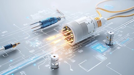 Aufkleber - Futuristic fiber optic cable installation process with dynamic light effects and advanced tools on a white background