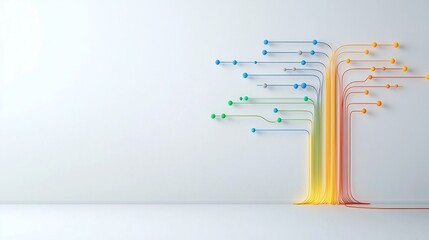 Fototapete - Vibrant and intricate abstract depiction of fiber optic cables with captivating light dispersion effects against a clean white background