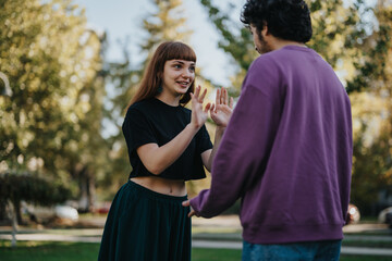 Poster - A young couple engages in a lively and playful conversation outdoors among the trees. The scene captures a moment of genuine connection and happiness in a natural environment.