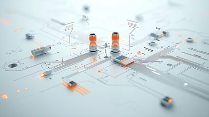 Fototapete - Luminous and Futuristic Design Highlighting Fiber Optic Communication Technology with Interconnected Telecommunication Nodes and Glowing Cables on White Background