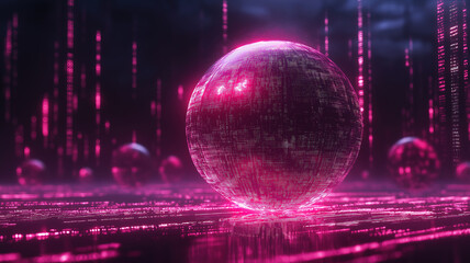 Poster - Digital science sphere with flowing binary data network in an animation highlighting