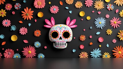 Aufkleber - Captivating neon sugar skull with intricate floral patterns in vivid pink and green hues against a dark mysterious backdrop  This design exudes a bold modern and alluring aesthetic