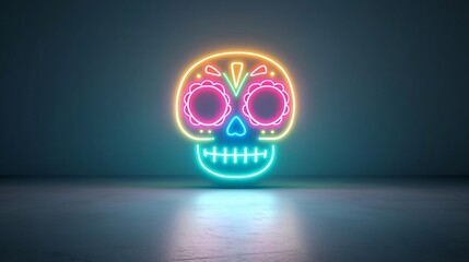 Fototapete - Luminous neon sugar skull with vibrant pink green and blue swirls glowing in the dark  Mesmerizing abstract digital art with a mystical psychedelic aesthetic