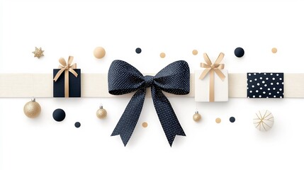 Poster - Elegant and modern geometric Christmas bow in a minimalist watercolor style featuring a black and gold color scheme on a clean white background