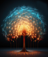 Poster - abstract tree made in digital art style. The tree consists of many luminous lines and dots, creating a glowing effect. 