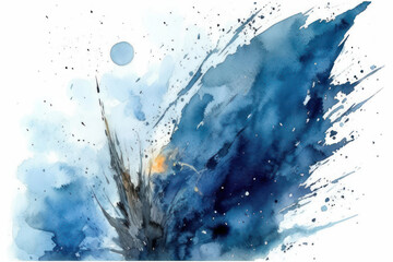Poster - abstract watercolor painting in blue and light blue tones with elements of black and light orange.  