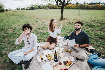 Poster - Three friends are relaxing on a picnic blanket in a beautiful field, enjoying wine and snacks under a tree, capturing a moment of leisure and friendship.