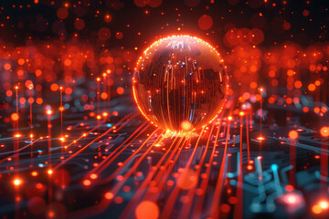 Poster - abstract scene with high technology. In the center of the composition is a bright, glowing orange ball, symbolizing the digital world or the global network. Lighting lines emanate from the ball, 