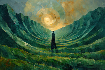 Poster - an abstract art painting depicting a human figure standing against a backdrop of undulating green hills and surrounded by a glow. 