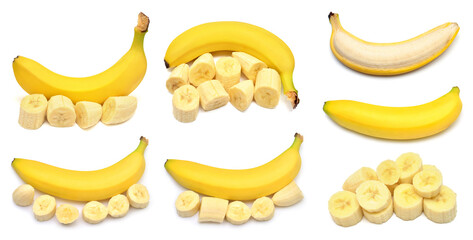 Wall Mural - Collection banana bunch and slices isolated on a white background. Flat lay, top view. Yellow fruit