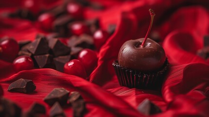 Wall Mural - Luxurious chocolate-covered cherry on red fabric