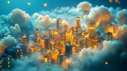 Poster - Hybrid Cloud: A seamless fusion of on-premises infrastructure and public cloud, represented by interconnected cityscapes and cloud formations, blending physical and digital realms