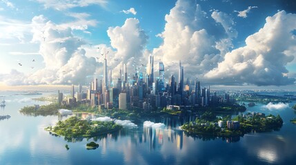 Wall Mural - Hybrid Cloud: A seamless fusion of on-premises infrastructure and public cloud, represented by interconnected cityscapes and cloud formations, blending physical and digital realms