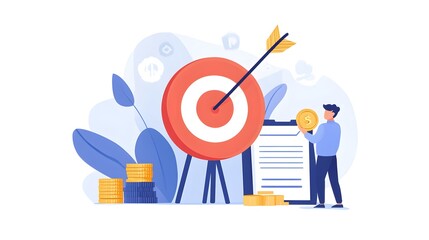 Poster - a man is holding a coin in front of a red target with an arrow pointing to it. concept of aiming for