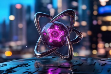 Poster - A cyberpunk-themed atom glowing with neon lights and surrounded by digital particles, floating in a holographic display