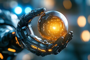 Aufkleber - A detailed 3D digital illustration of a glowing avatar holding a holographic orb, surrounded by futuristic technology