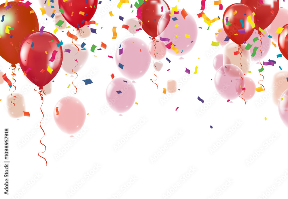 Red and pink balloons with confetti on transparent background. Vector ...