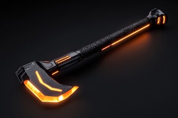 Poster - A futuristic axe pick with glowing neon edges and a carbon fiber handle, set against a high-tech mountain climbing background