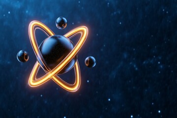 Poster - A futuristic representation of an atom, with neon-glowing orbits and particles, floating in a dark void