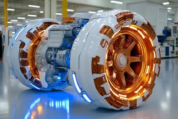 Poster - A futuristic vehicle axle design with glowing elements, displayed in a high-tech automotive showroom