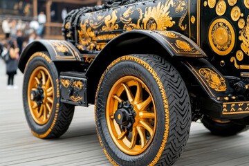 Aufkleber - A gothic-style axle from a dark, steampunk carriage, adorned with intricate designs and set against a misty background